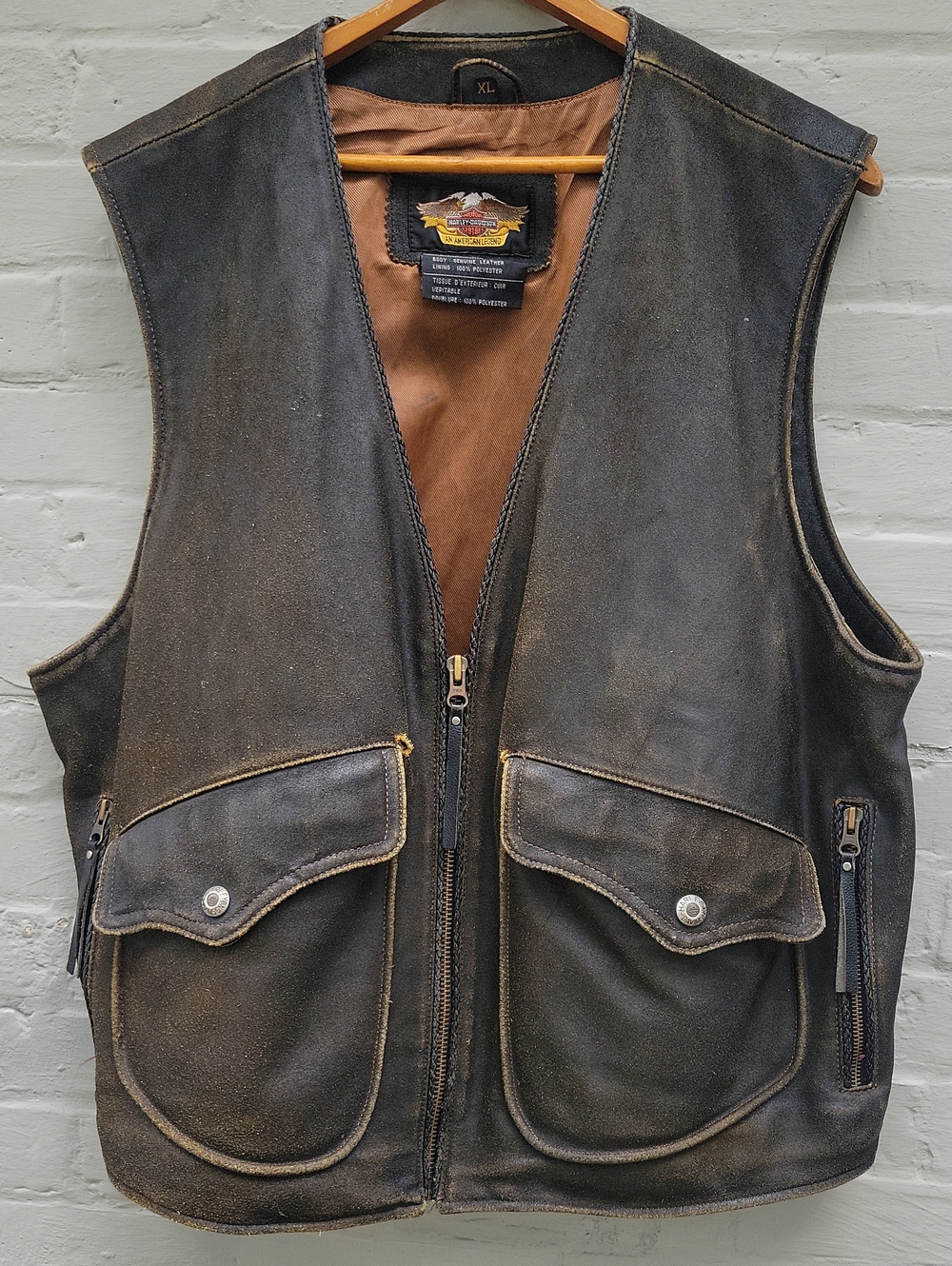 Vintage Harley-Davidson Distressed Brown Leather Vest Sz XL